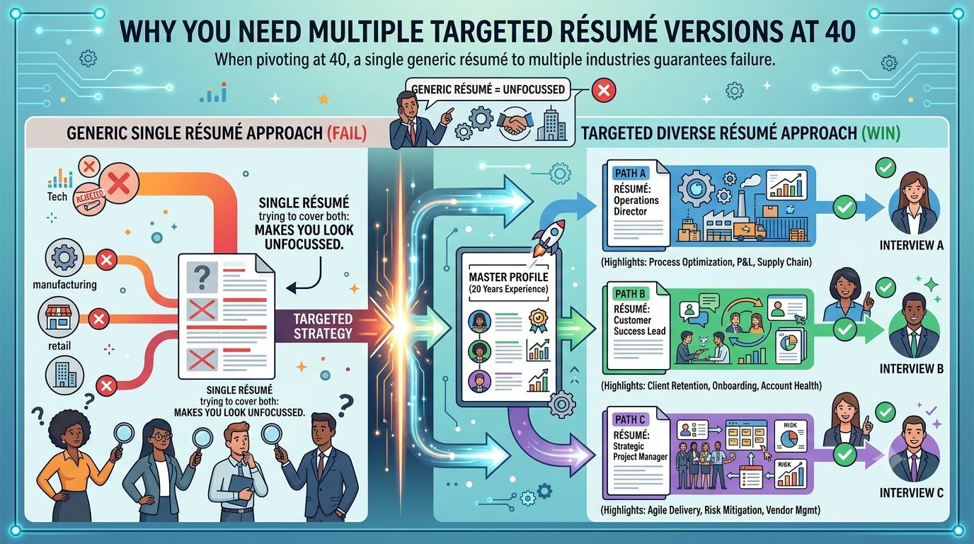 Diagram comparing one generic resume against multiple targeted resume versions for a career change at 40