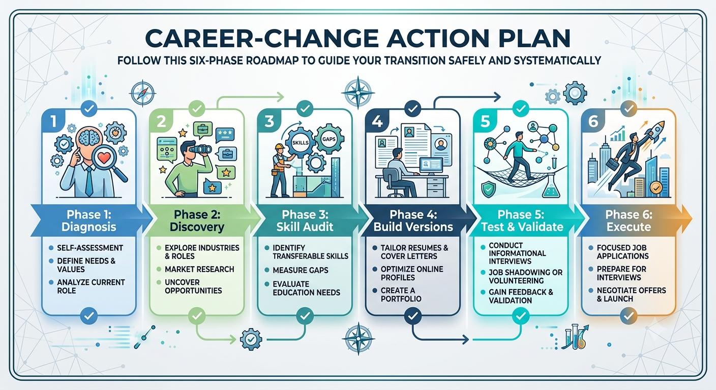Six-phase career-change action plan from diagnosis to execution