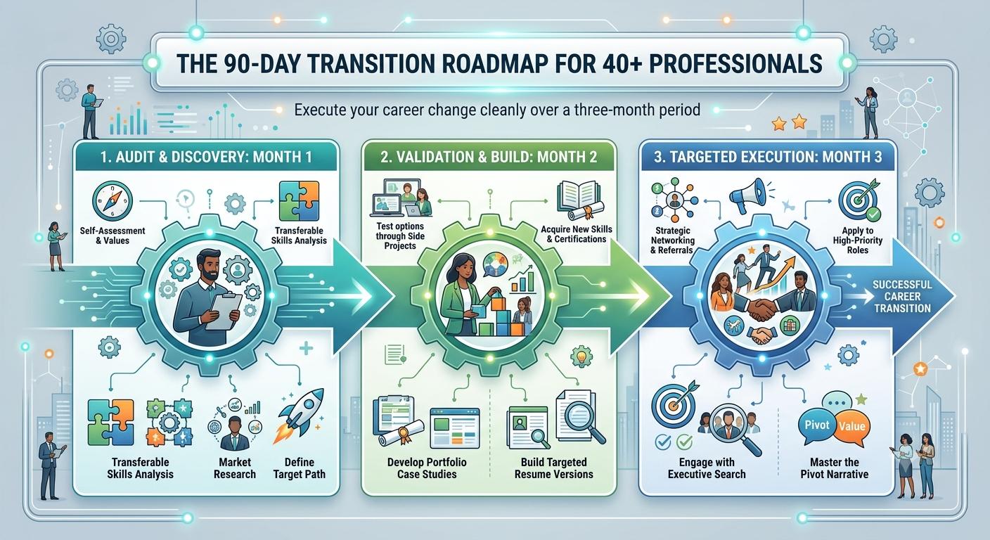 Infographic of a 90-day career transition roadmap for professionals over 40
