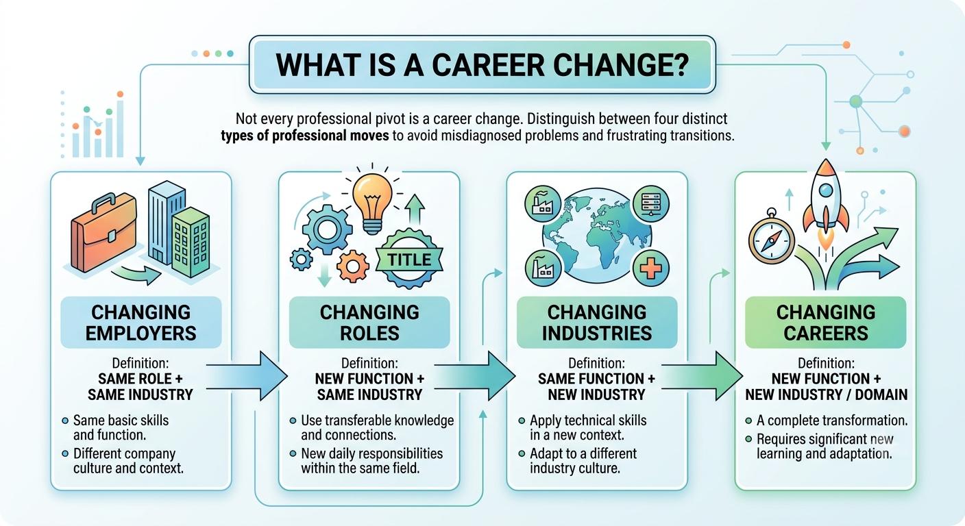 Infographic distinguishing four types of career change across employers, roles, industries, and careers