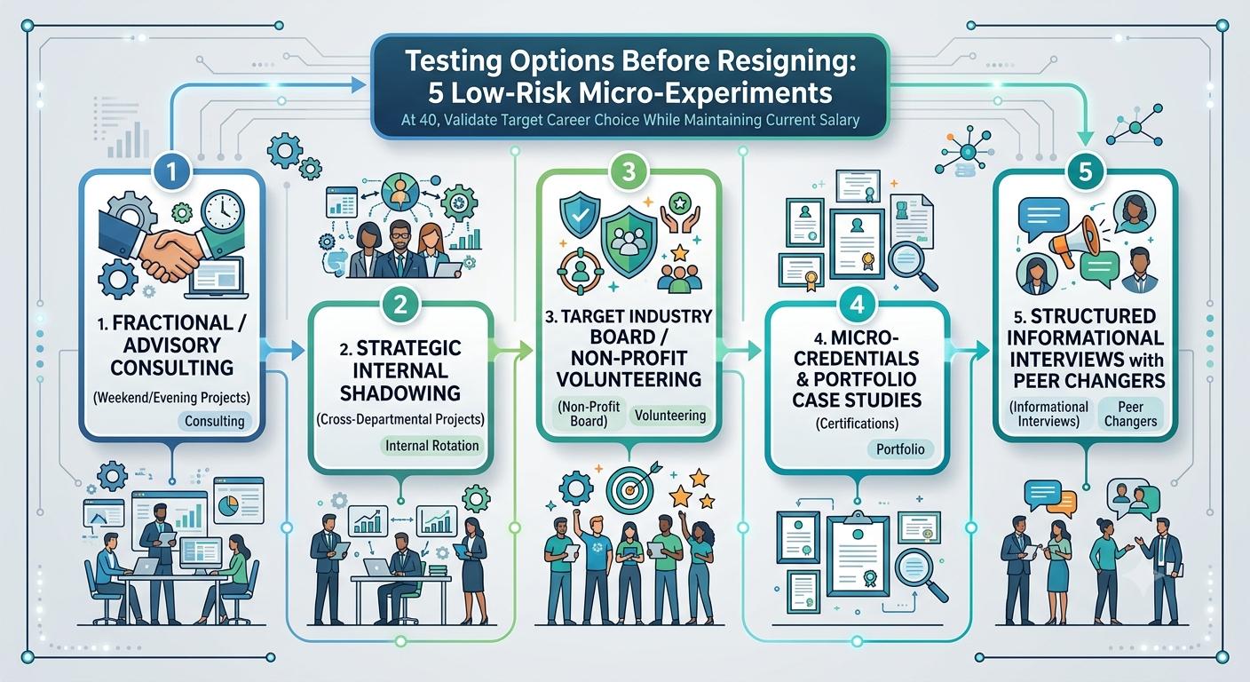 Infographic listing five low-risk micro-experiments to test career options before resigning