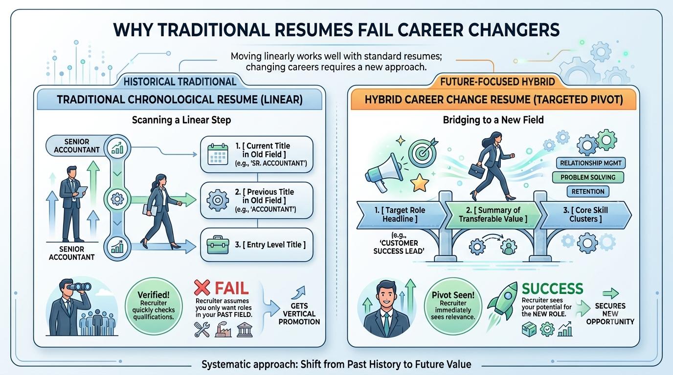 Infographic contrasting traditional chronological resumes with hybrid career-change resumes
