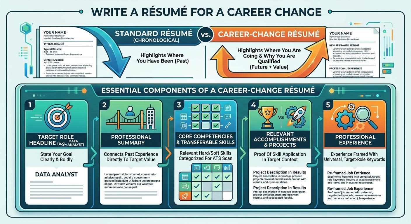 Infographic comparing a standard resume with a career-change resume and its key components
