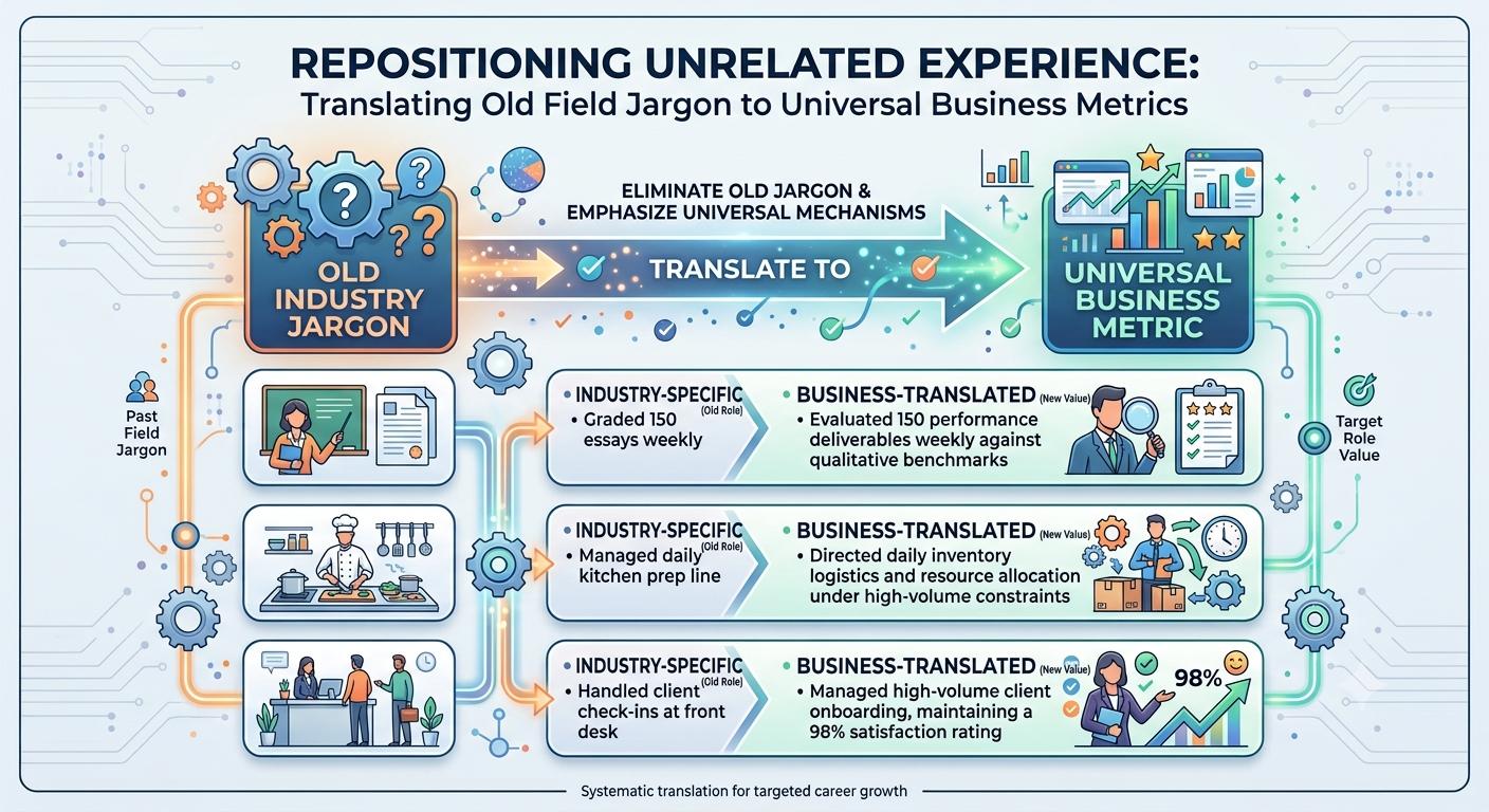 Infographic on translating industry jargon into universal business metrics on a career-change resume