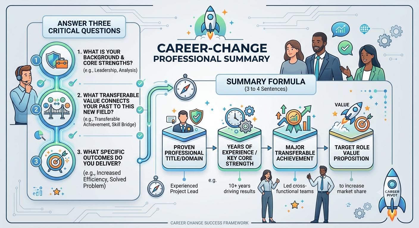 Formula diagram for writing a career-change resume professional summary in three to four sentences