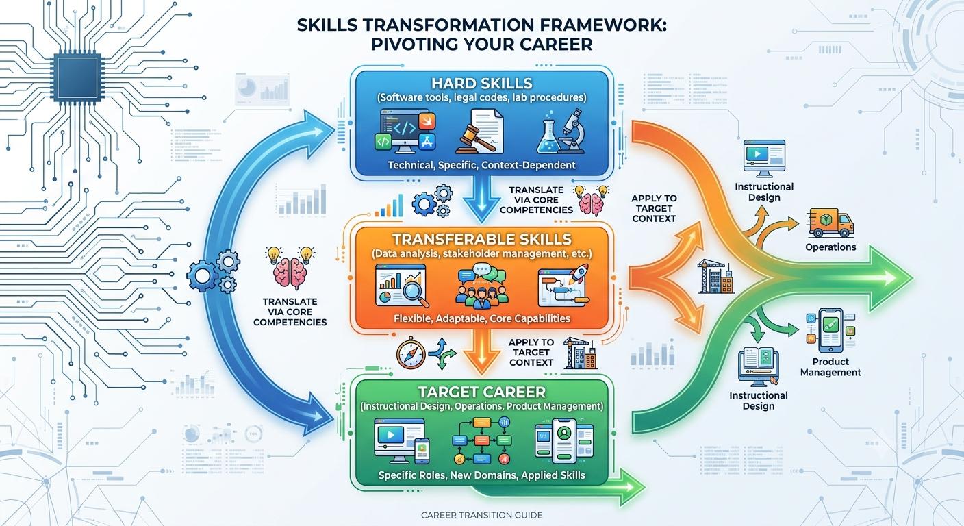 Skills transformation framework diagram mapping hard skills to transferable skills and a target career