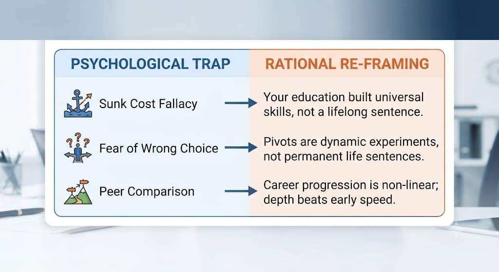 Career change traps and rational reframes: sunk cost fallacy, fear of the wrong choice, peer comparison