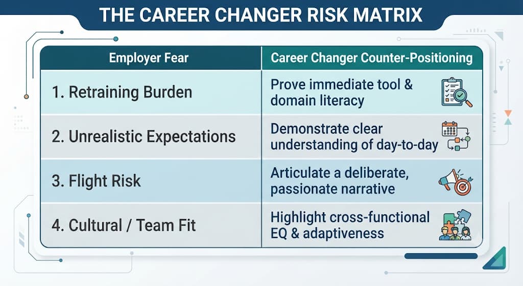 Career changer risk matrix pairing four employer fears, such as retraining burden, with counter-positioning tactics