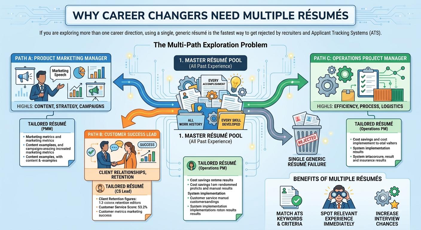 Infographic explaining why career changers need multiple tailored resume versions