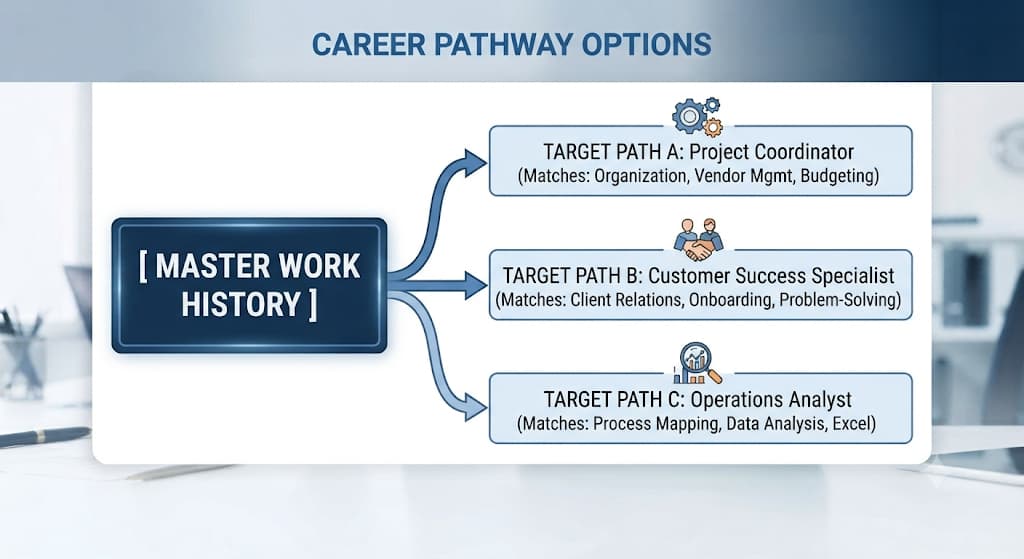 Career pathway options: one master work history branching into project coordinator, customer success and operations analyst