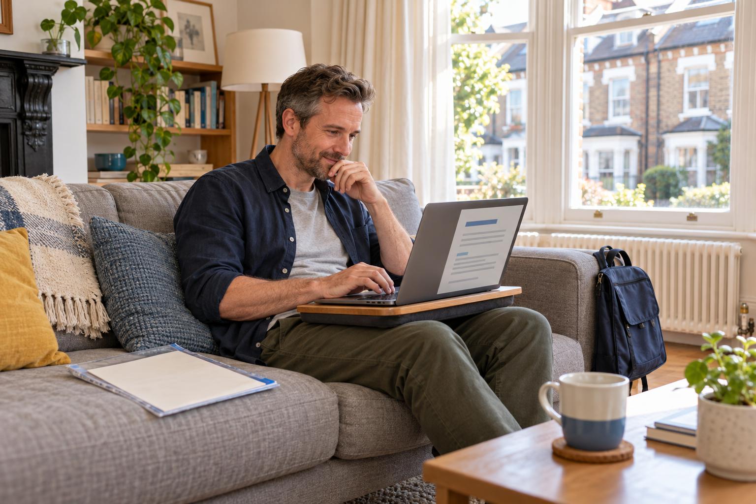 Career returner adding a newly finished course to his CV on a laptop in his front room