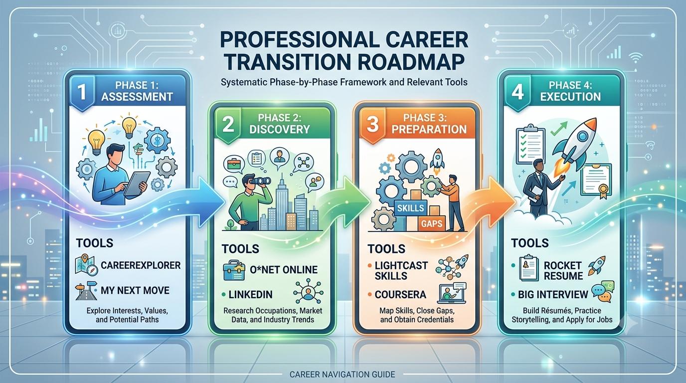 Career transition roadmap infographic with four phases from assessment to execution