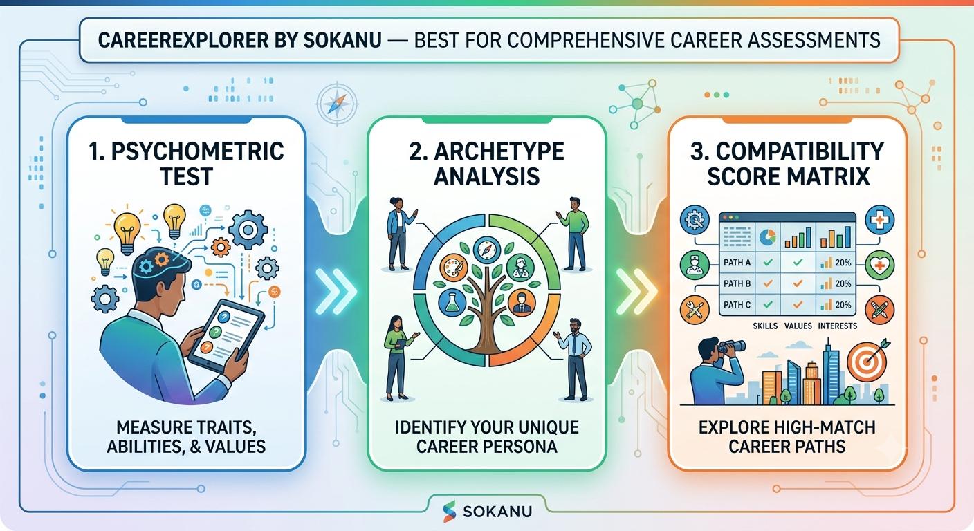 Illustration of CareerExplorer's psychometric test, archetype analysis, and compatibility steps