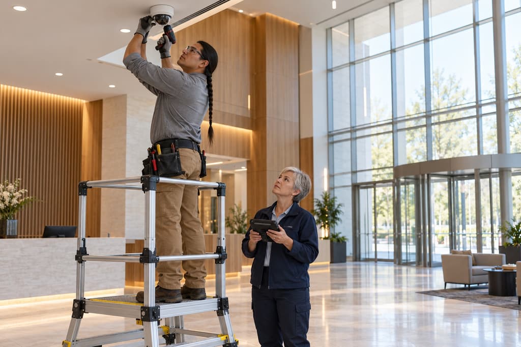 CCTV technician installing a ceiling dome camera in an office building lobby
