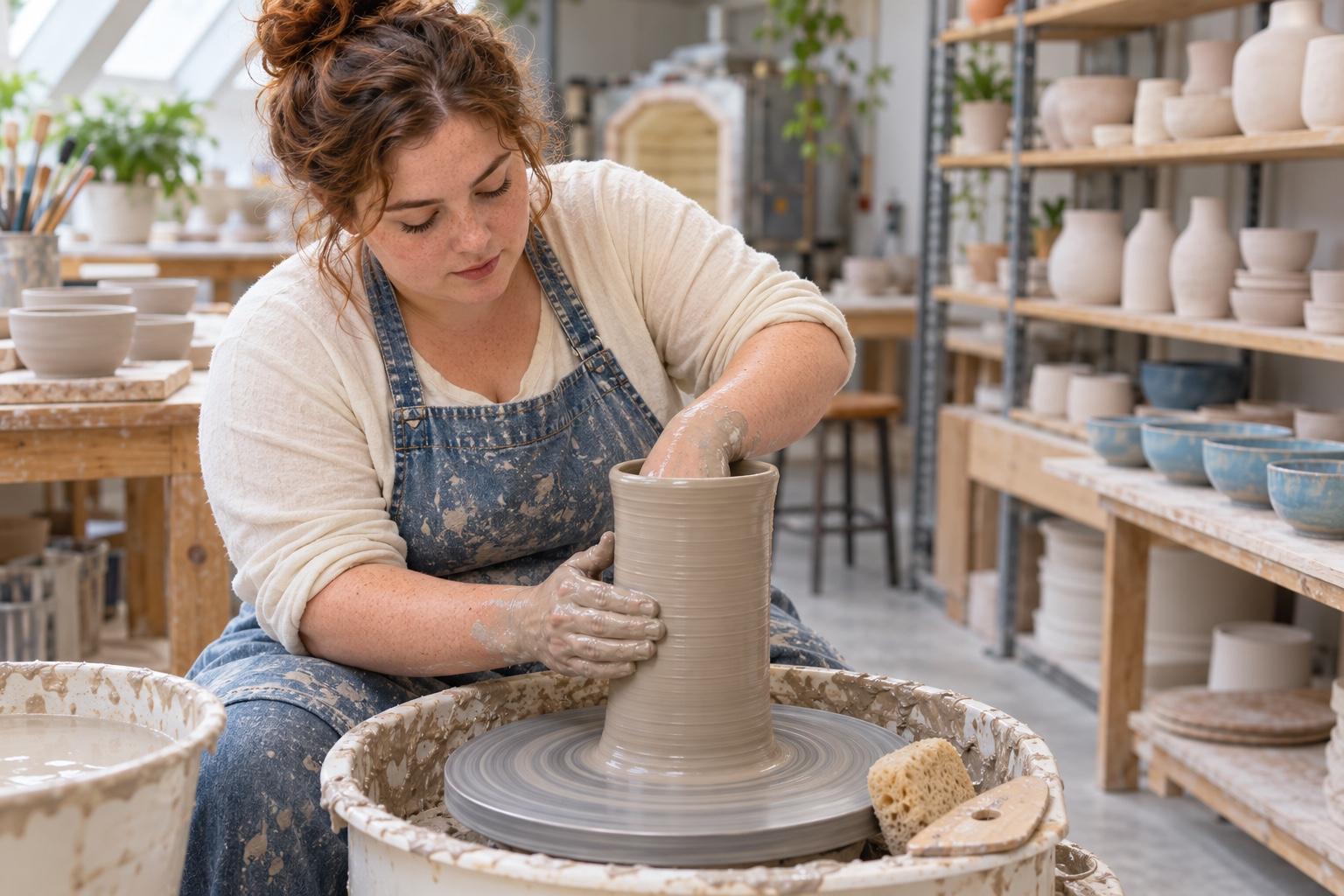 Ceramic studio assistant throwing a tall vase on a potter’s wheel in a pottery studio