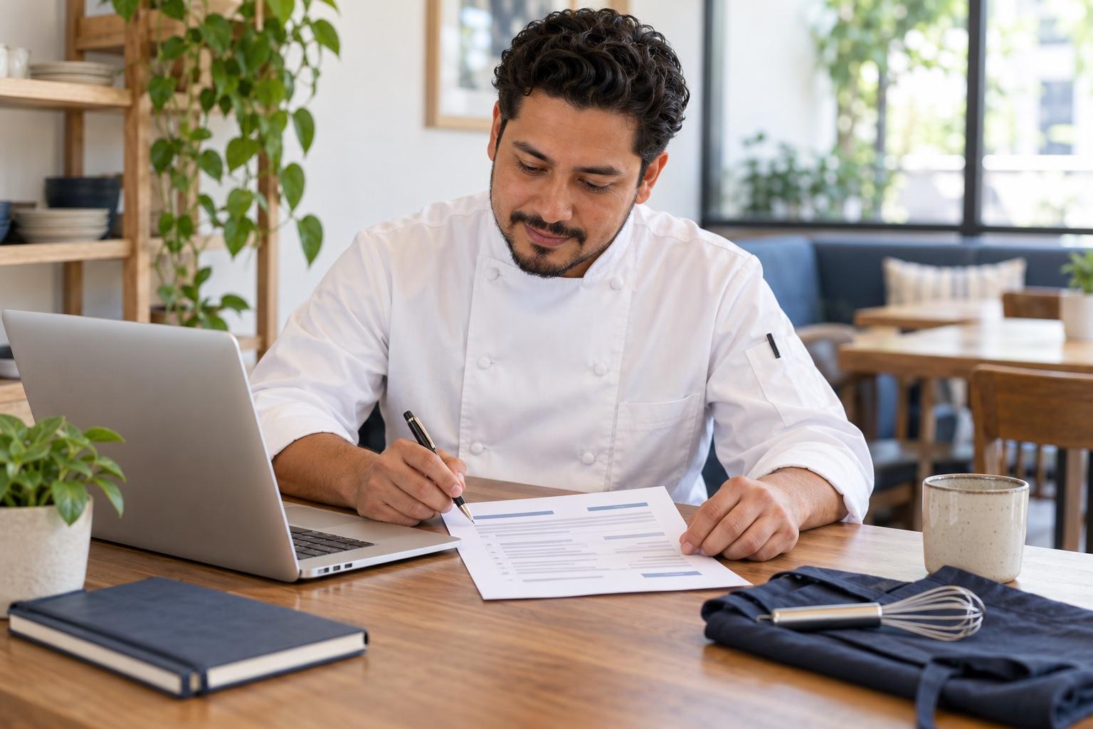 Chef preparing a printed resume at a laptop in a bright restaurant planning nook
