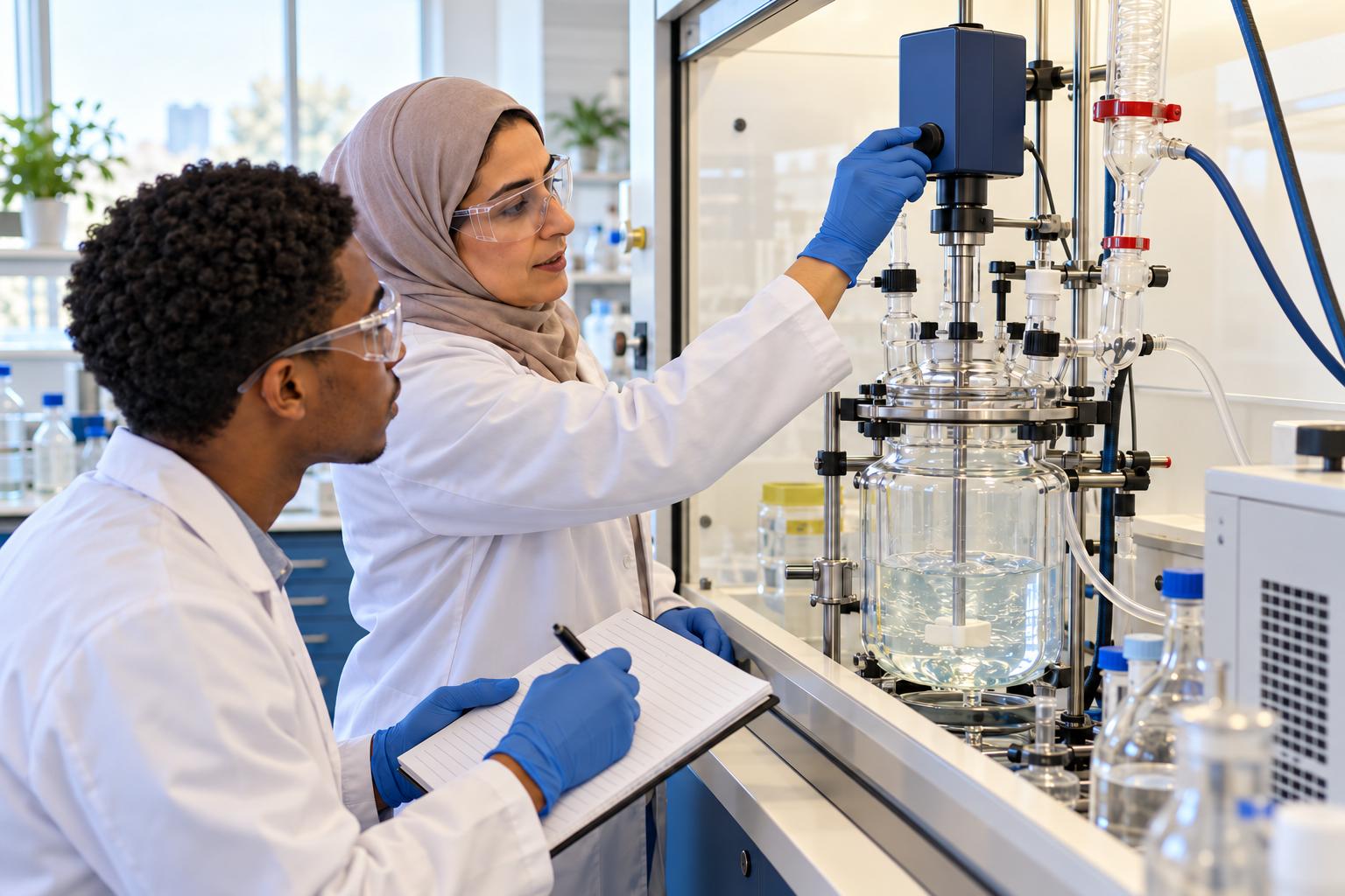 Chemical engineer and intern adjusting a bench-scale glass reactor in a process development lab