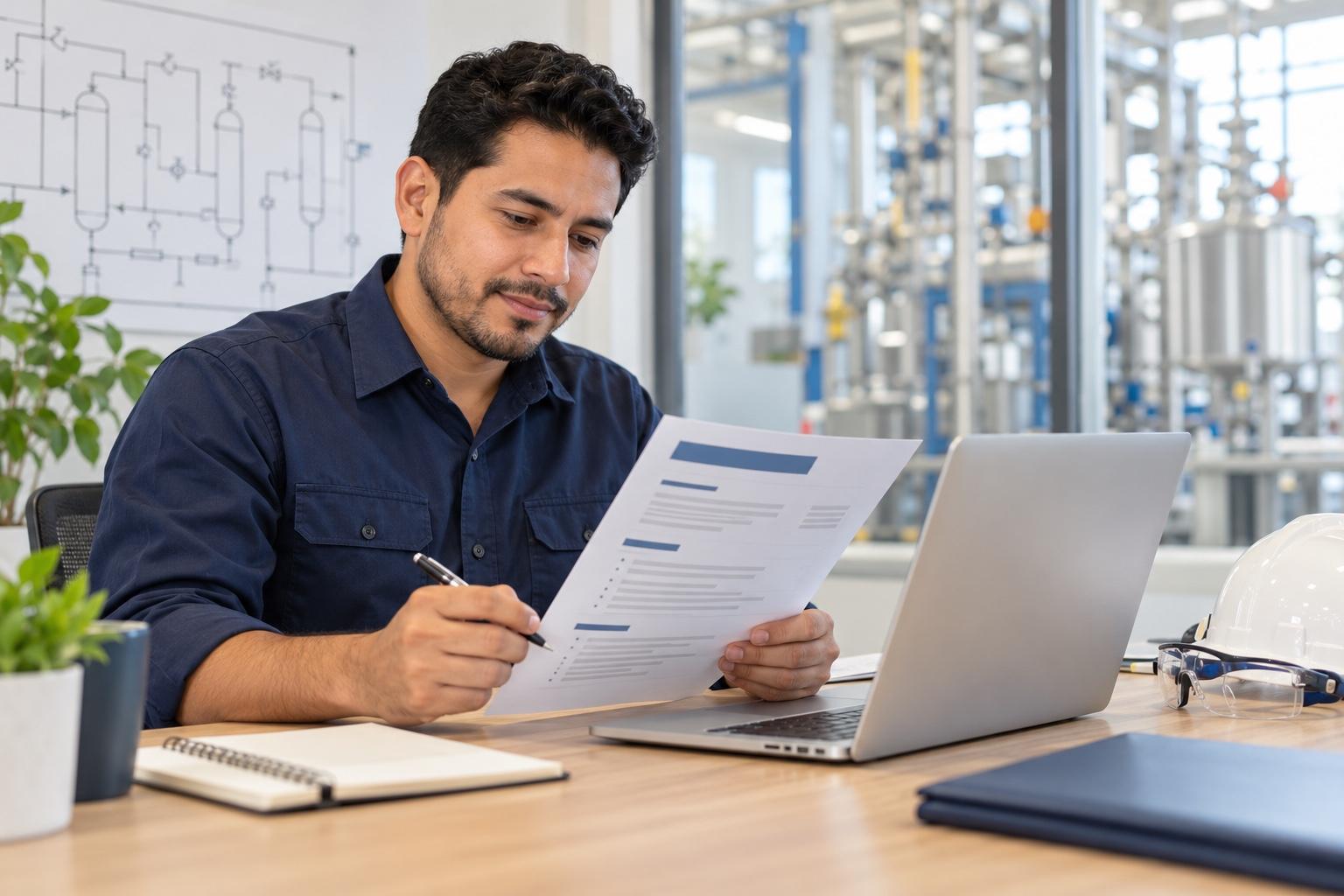 Chemical process engineer preparing a printed resume at a laptop in a bright process-engineering office