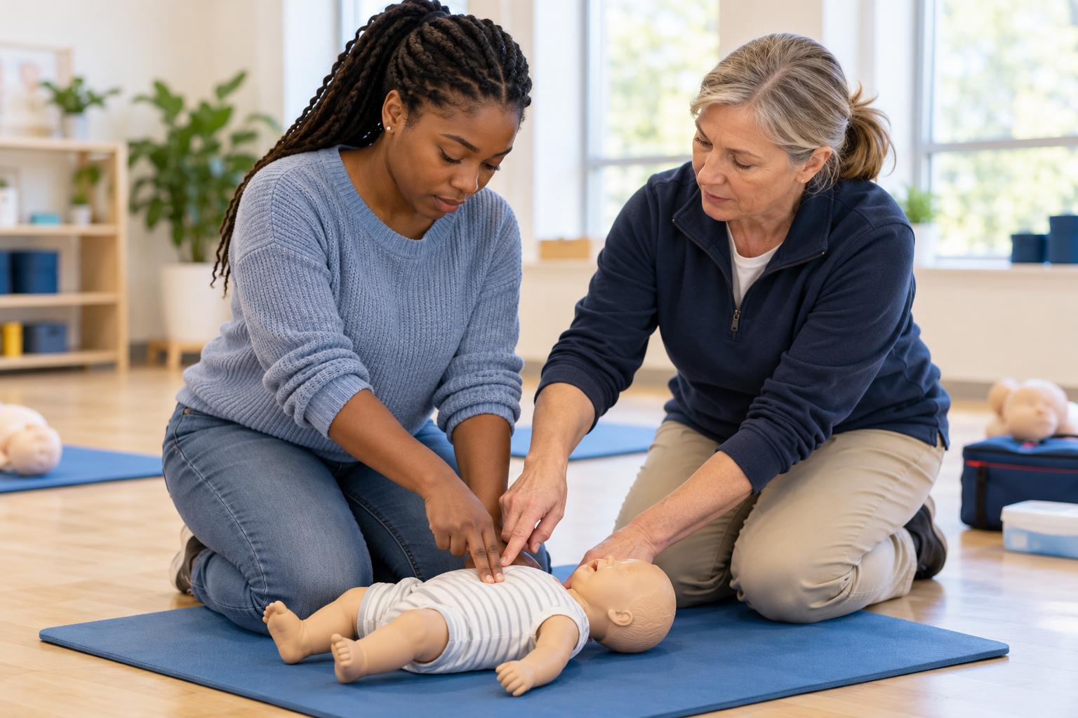Childcare workers practising infant CPR on a training manikin with an instructor