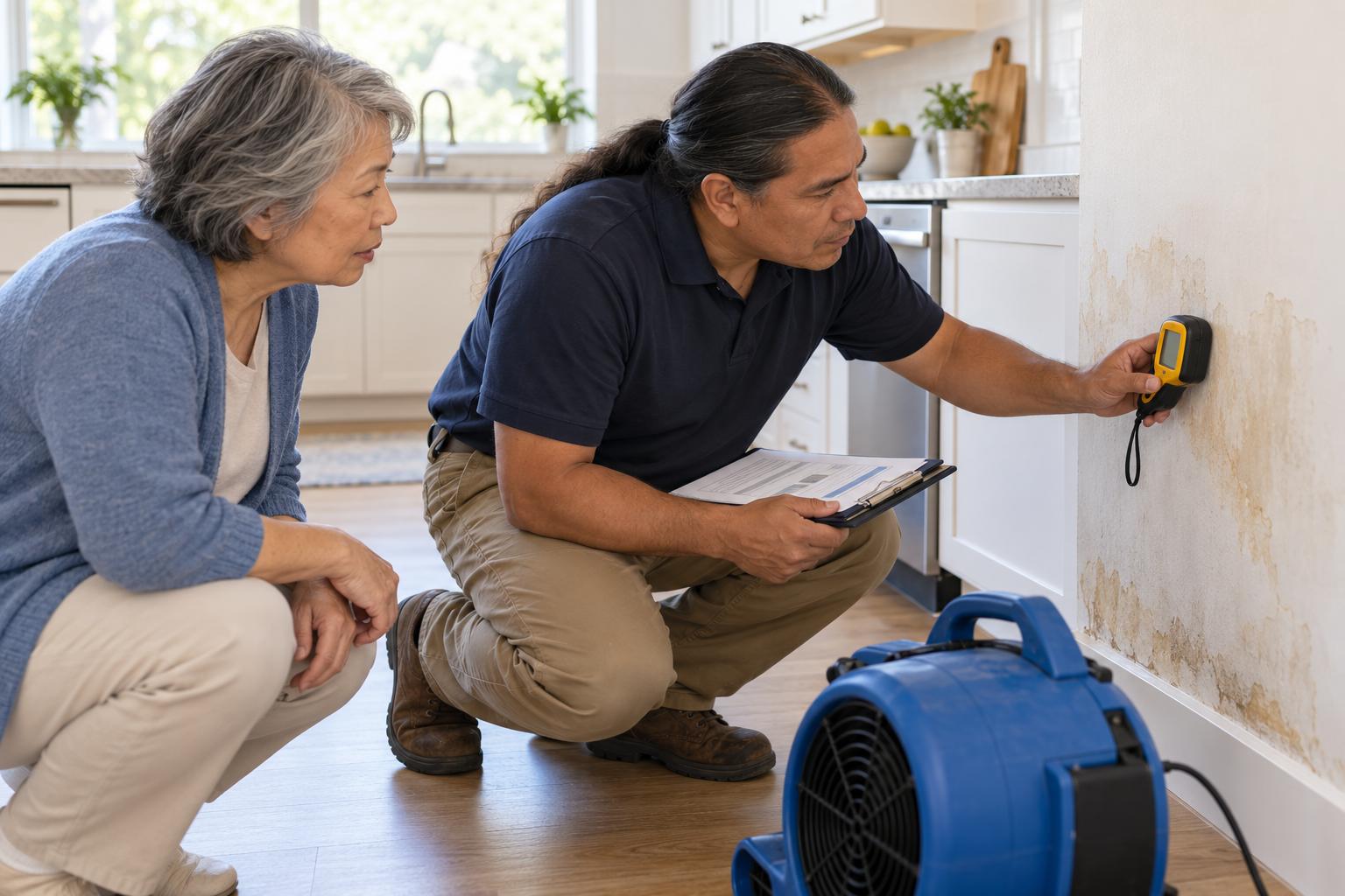 Claims adjuster checking a water-damaged kitchen wall with a moisture meter as the homeowner watches