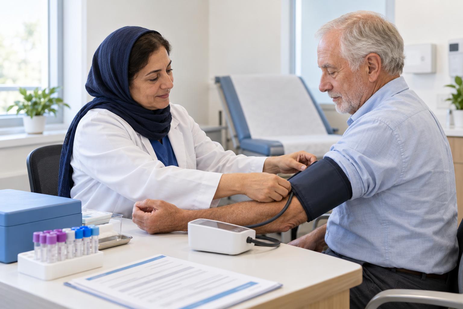 Clinical research coordinator measuring a participant's blood pressure during a clinical trial visit