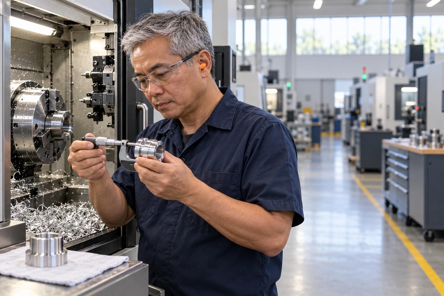 CNC machine operator checking a machined part in a clean machine shop