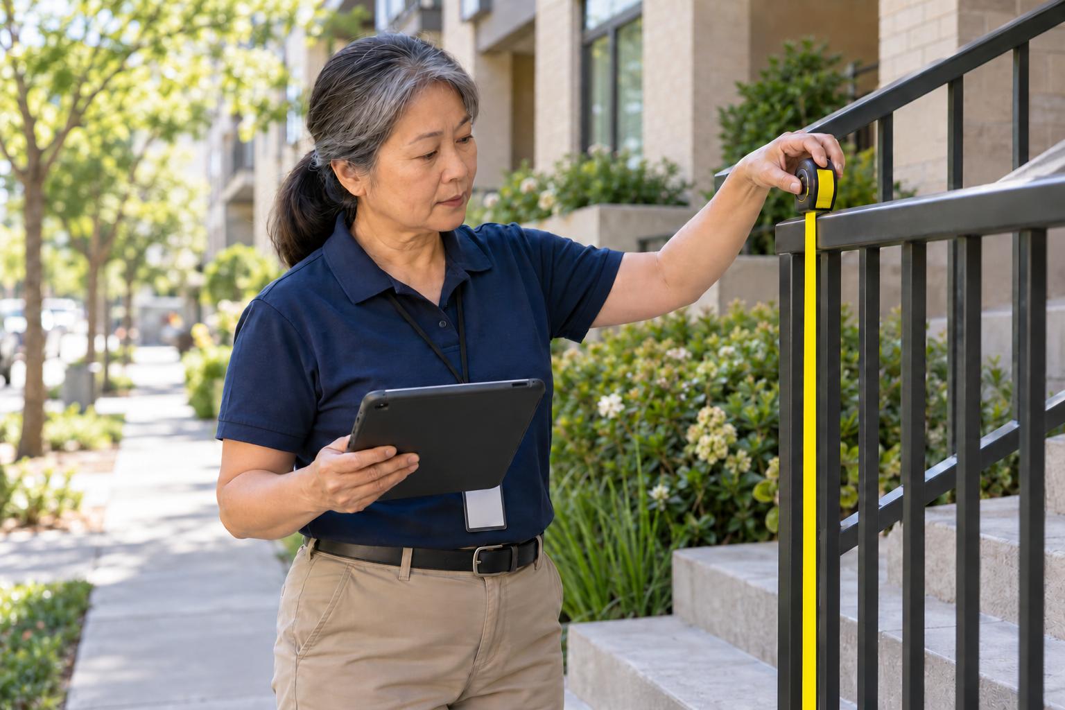Code enforcement officer measuring a stair railing at an apartment entrance with a tape measure