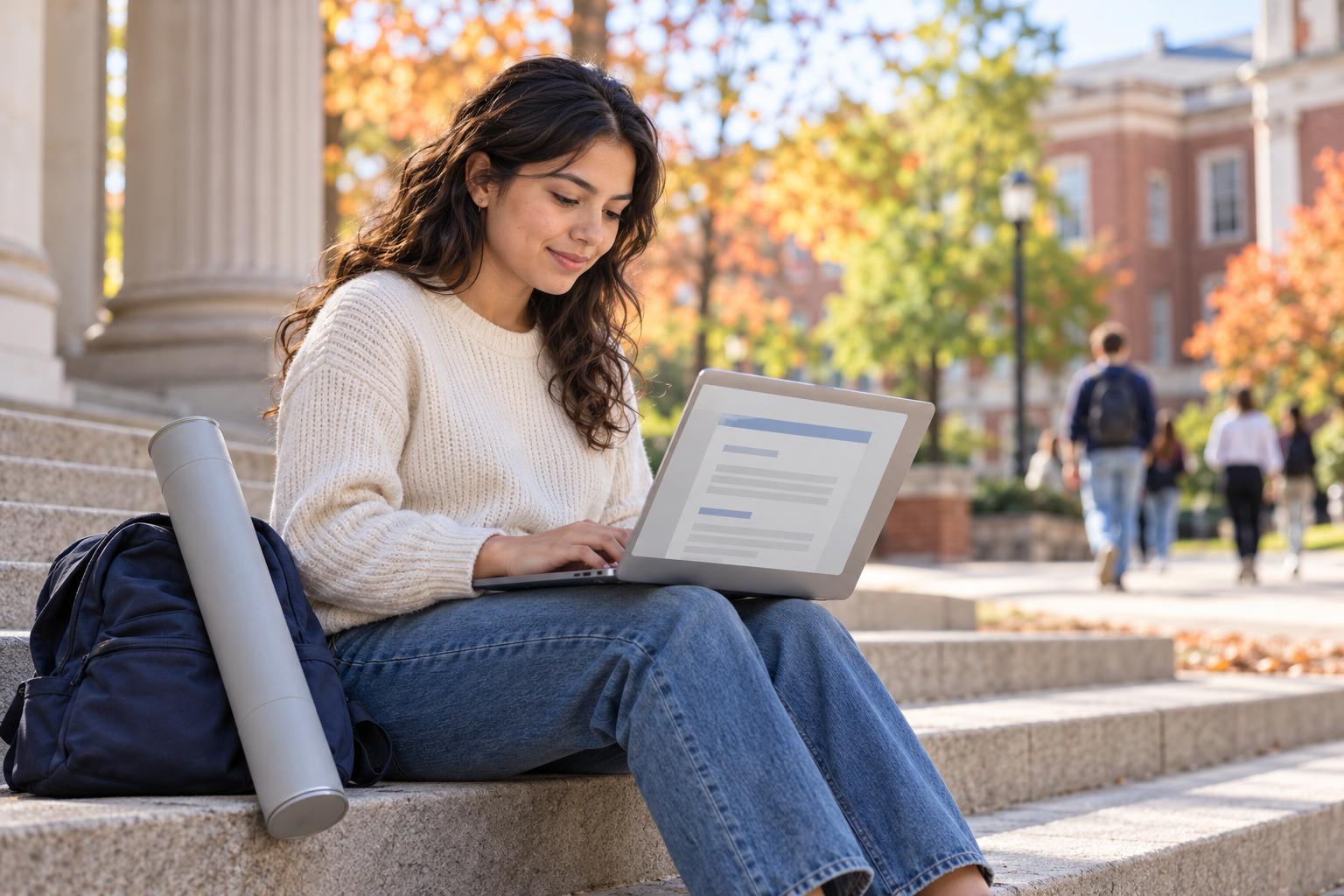 College student drafting her first resume on a laptop on the steps of a campus building