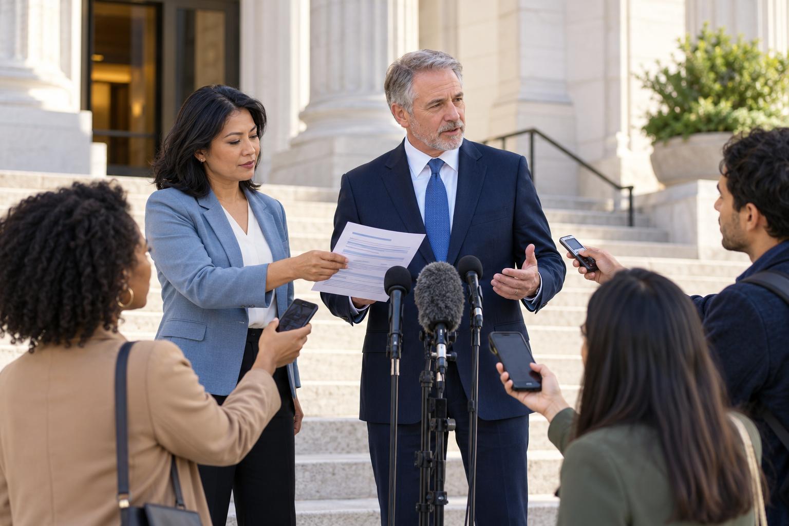 Communications director handing a spokesperson his notes at an outdoor press briefing