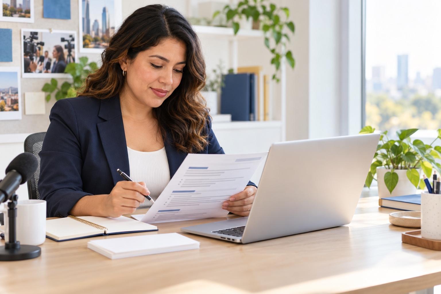 Communications specialist preparing a printed resume at a laptop in a bright communications office