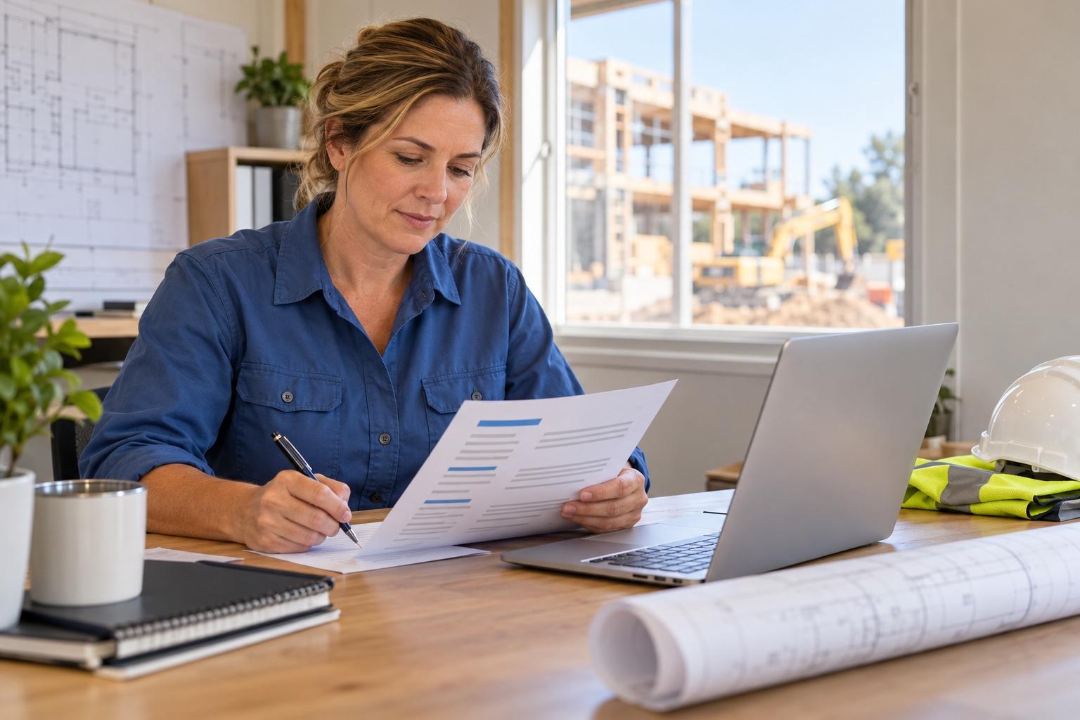 Construction project supervisor preparing a printed resume at a laptop in a daylight site planning office