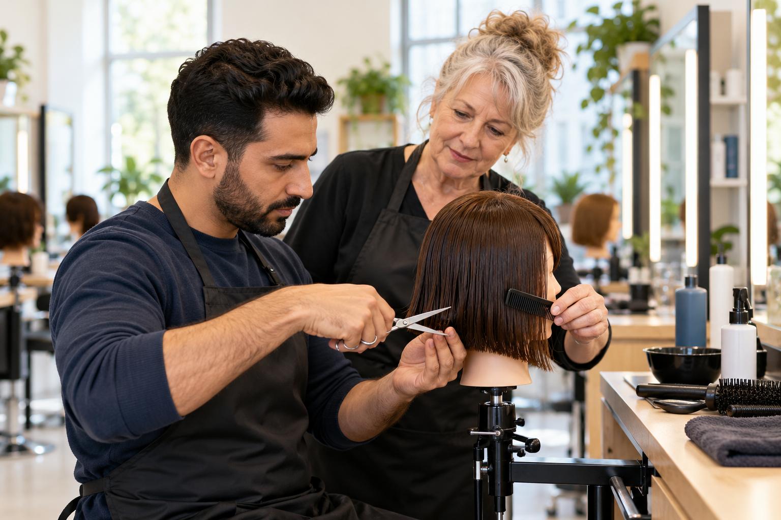 Cosmetology student cutting a bob on a mannequin head while his instructor checks the line