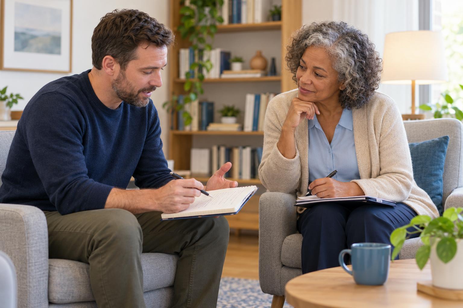 Counselor in training reviewing session notes with a clinical supervisor in a bright office