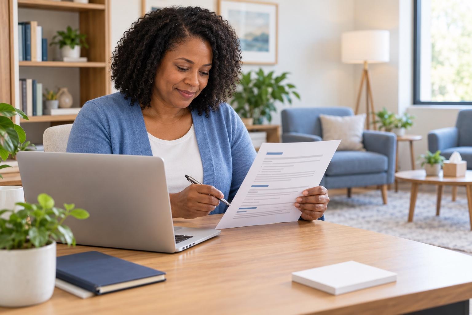 Counselor preparing a printed resume at a laptop in a warm bright counseling-office workspace