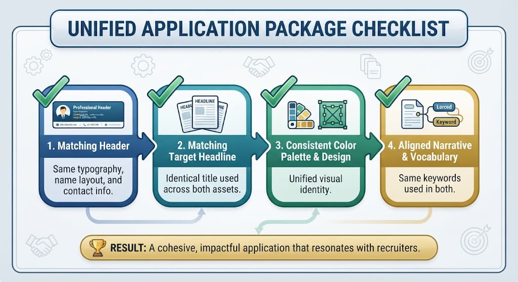 Cover letter and resume matching checklist: same header, headline, design and keywords