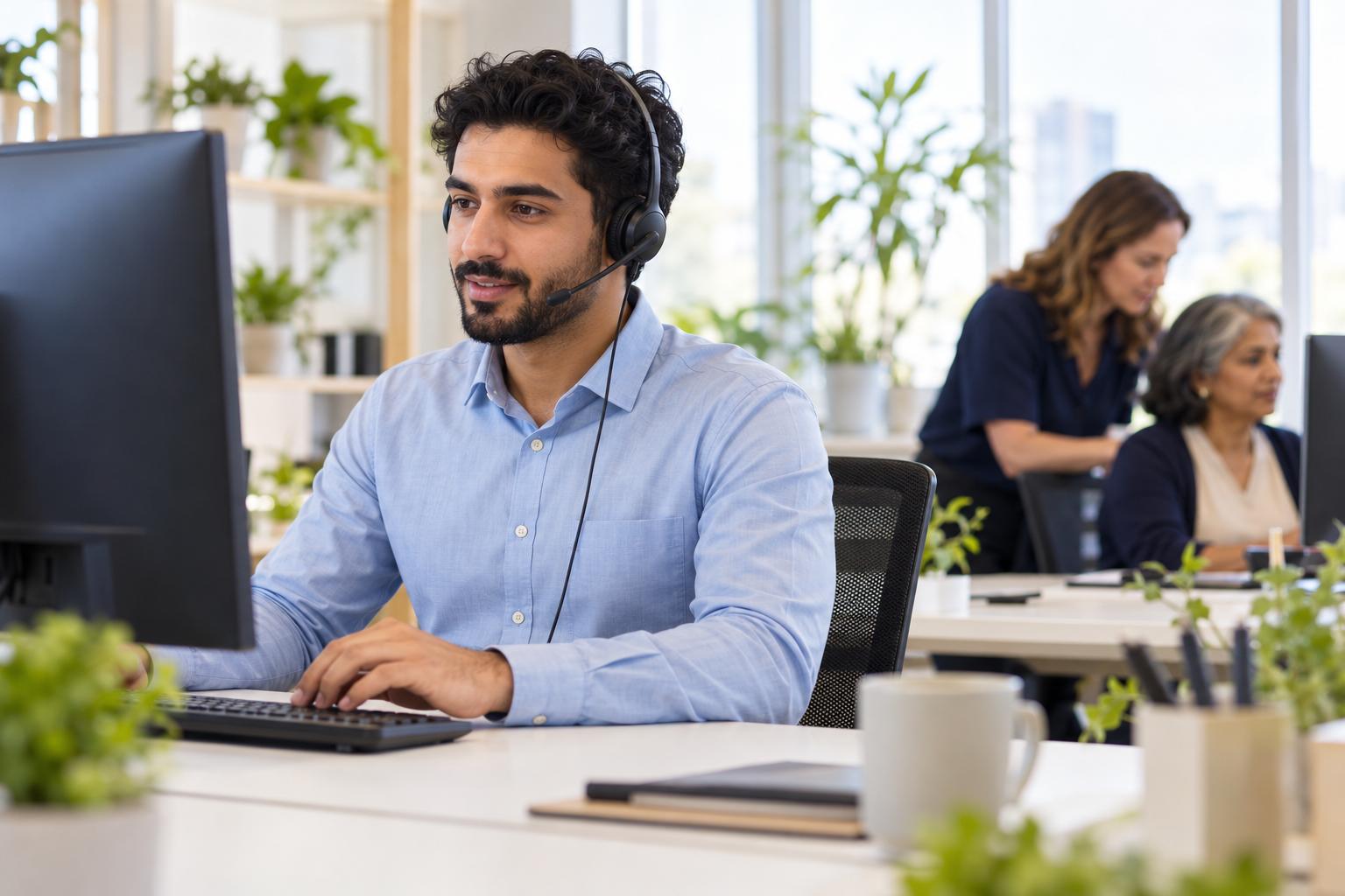 Customer service representative helping a caller on a headset in a bright support center