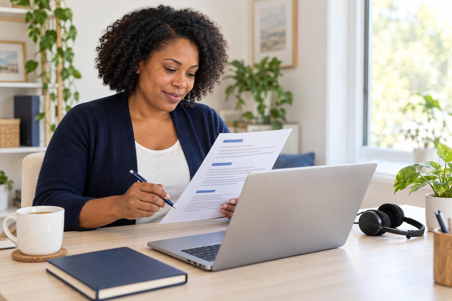 Customer support specialist preparing a printed resume at a laptop at home