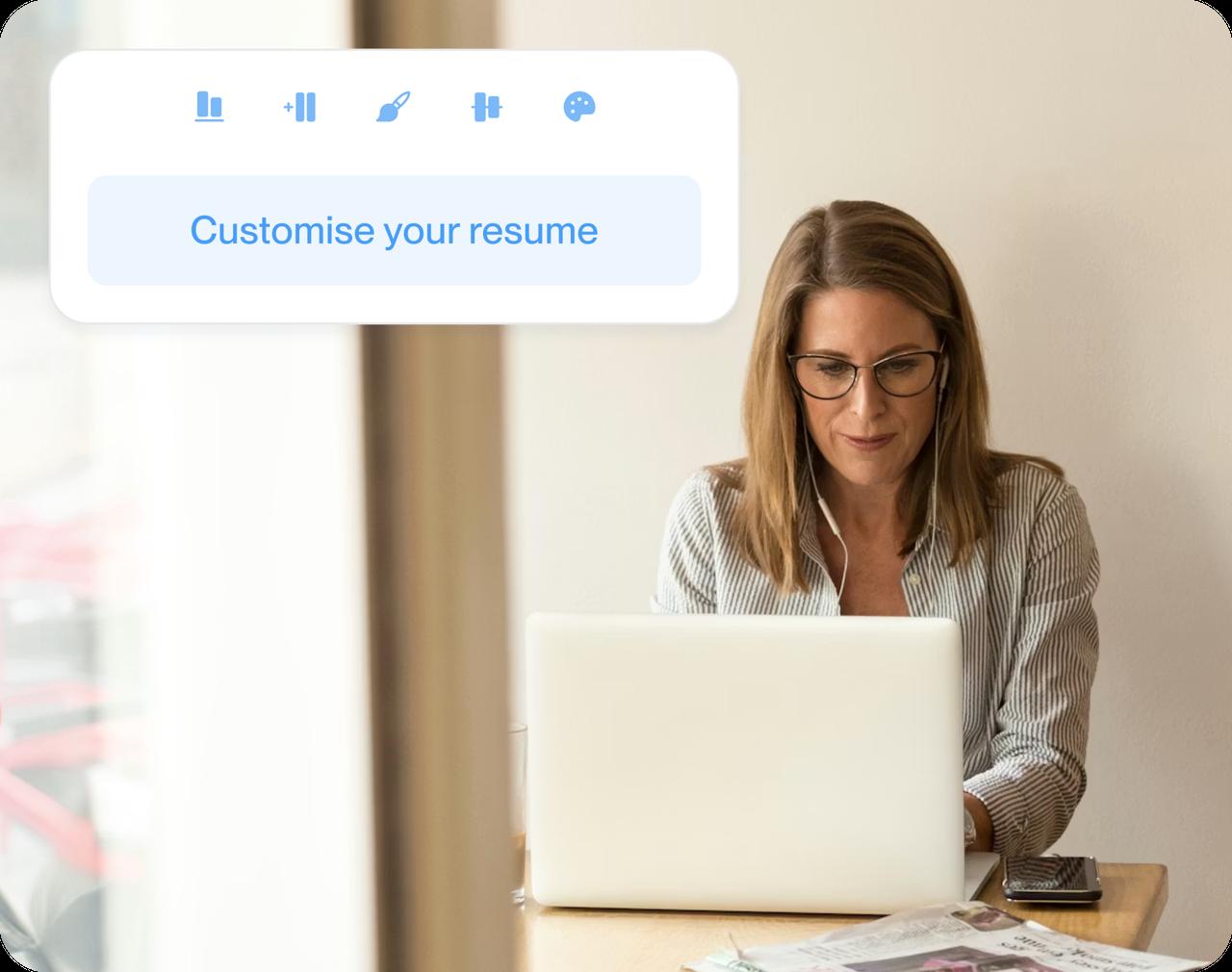 Woman using a laptop with a customise your resume toolbar overlay