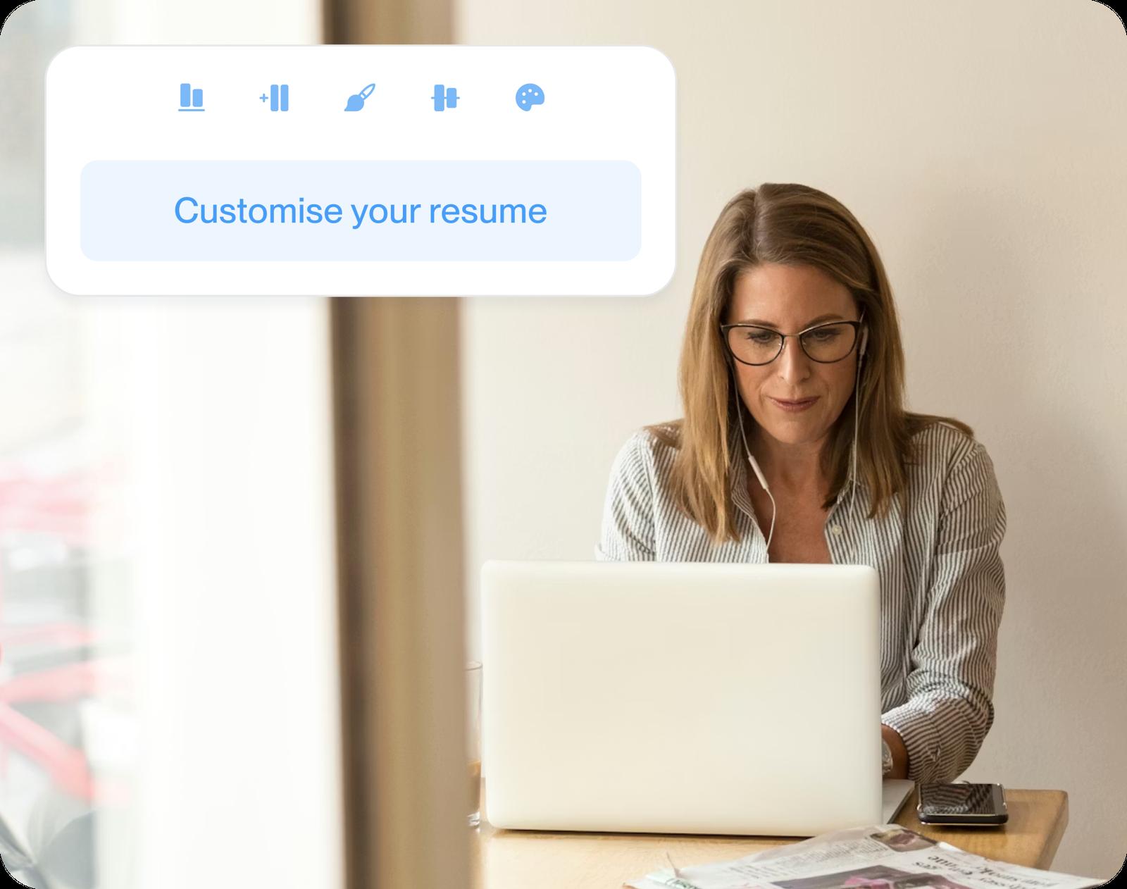 Woman using a laptop with a customise your resume toolbar overlay