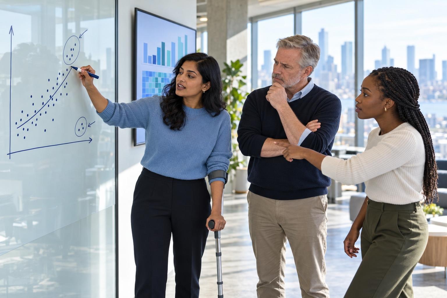 Data analyst leading a working session at a glass whiteboard in an open office