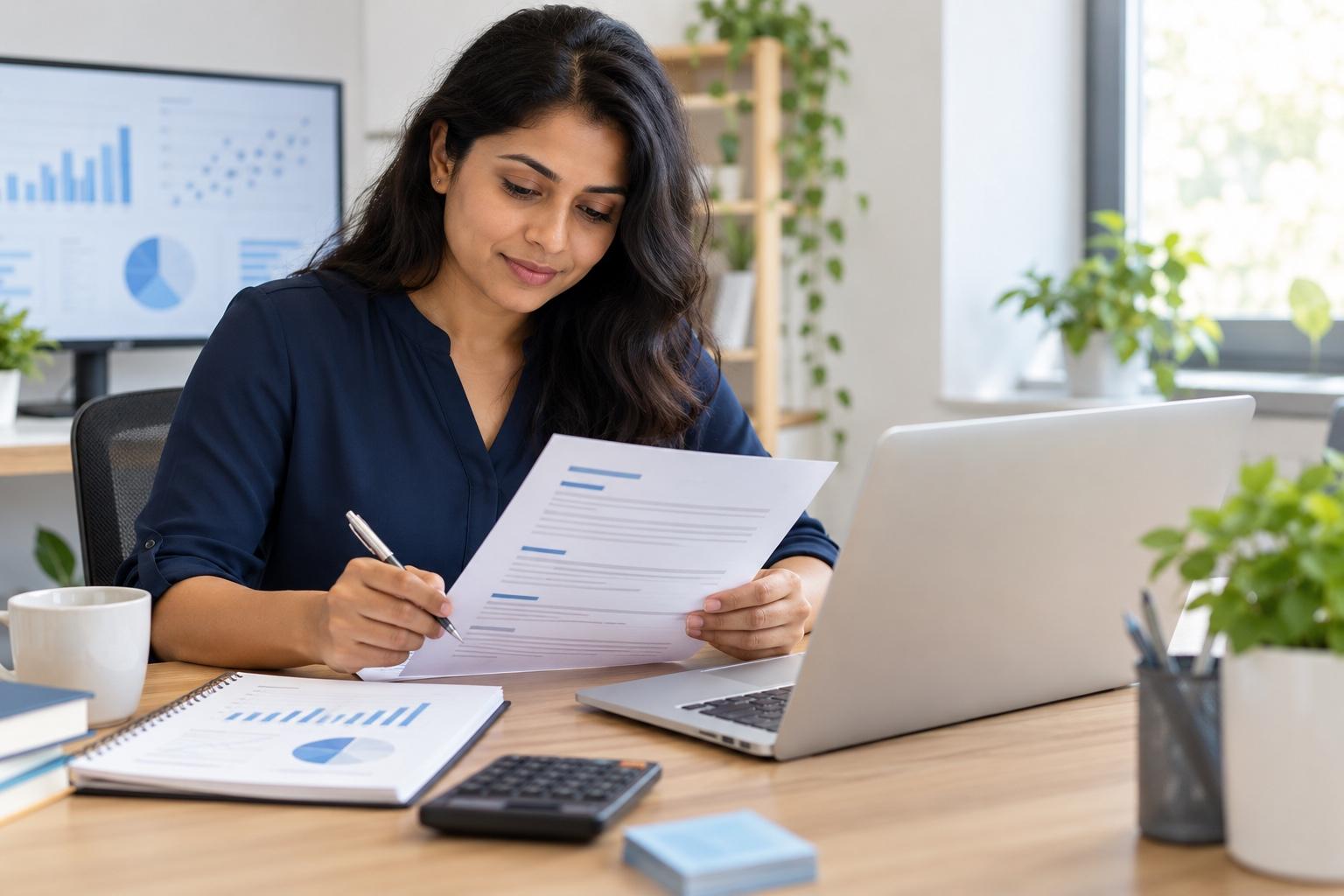 Data analyst preparing a printed resume at a laptop in a bright modern analytics workspace