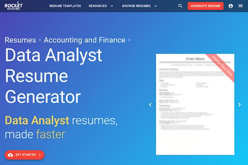 Rocket Resume data analyst resume generator page with a sample resume