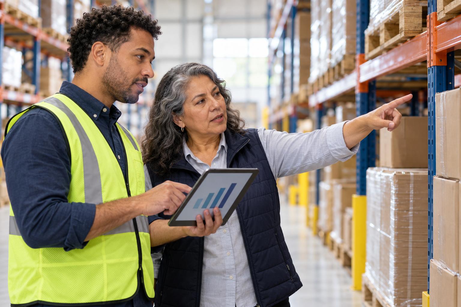 Data analyst showing an operations manager a chart on a tablet in a warehouse aisle