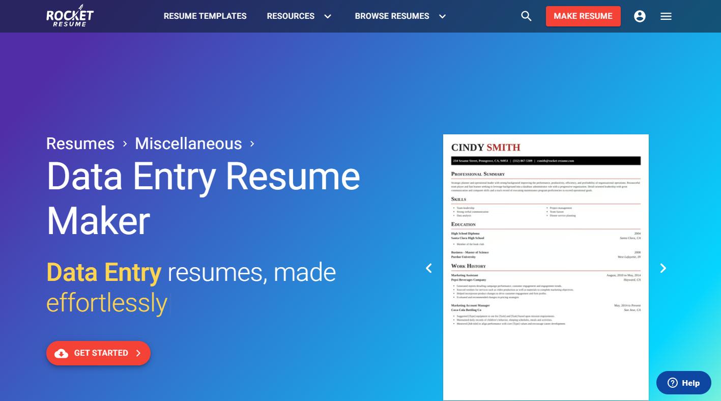 Rocket Resume data entry resume maker page with a sample resume