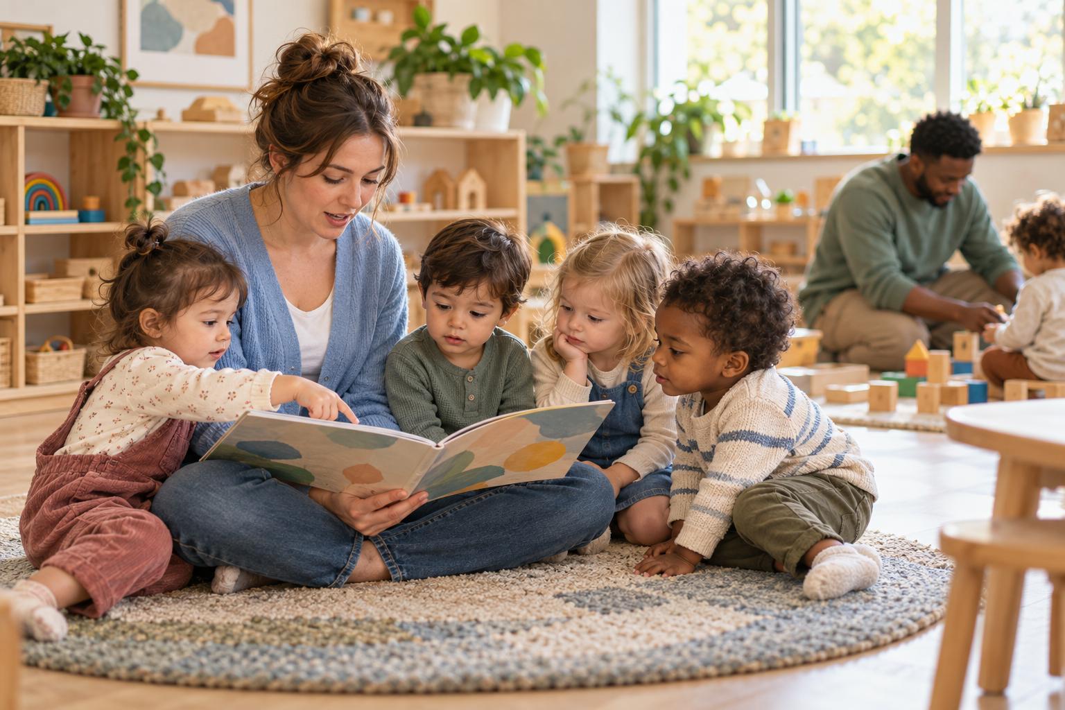 Daycare teacher reading a picture book to toddlers on a rug in a bright classroom