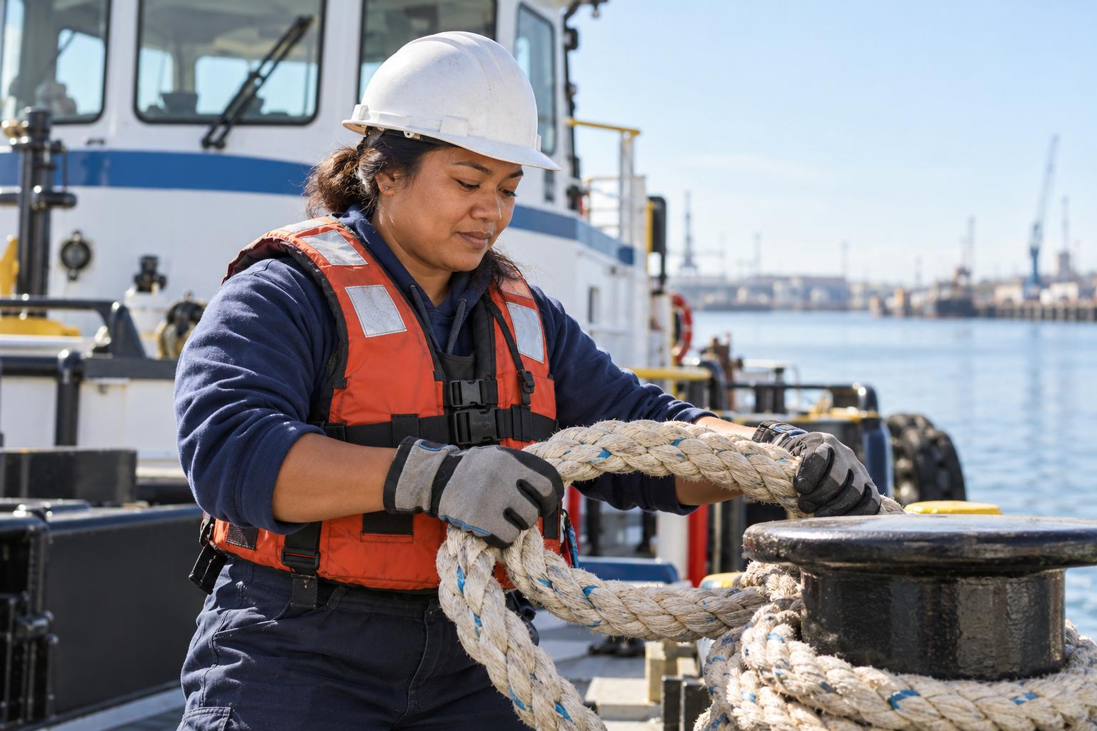 Deckhand in a hard hat and life vest securing a mooring line around a bollard