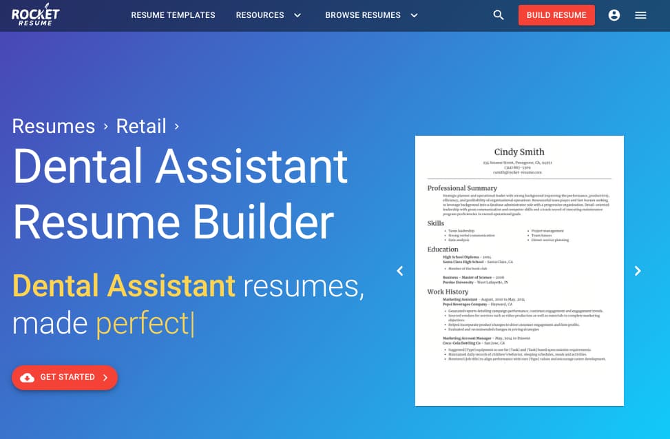 Rocket Resume dental assistant resume builder page with a sample resume