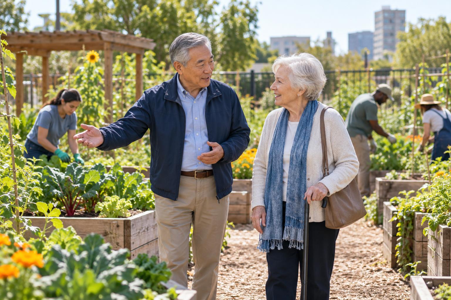 Development director showing a donor the raised vegetable beds of a community garden