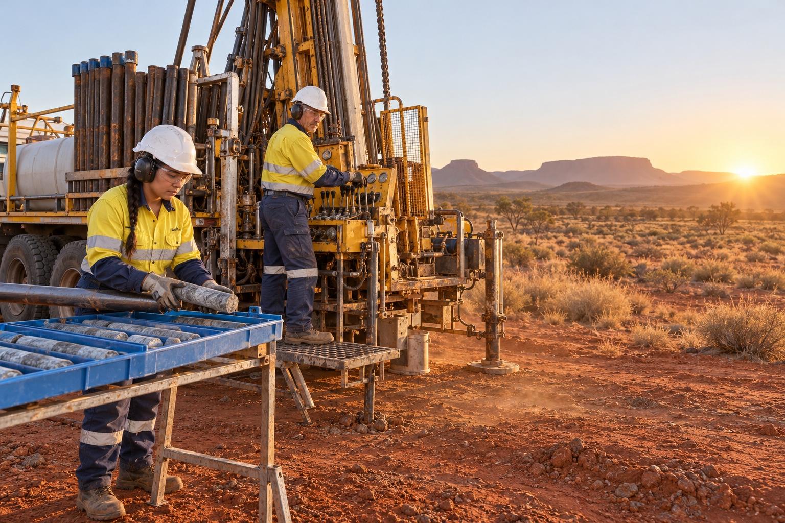 Diamond driller working an exploration drilling rig at a remote site at sunrise