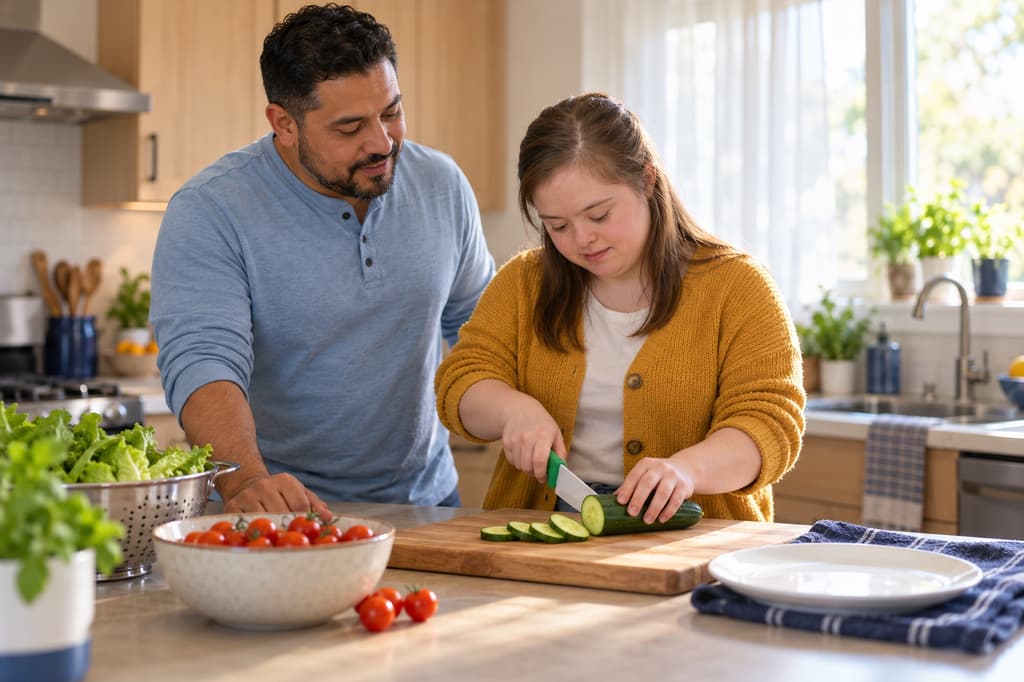 Direct support professional coaching a young adult preparing lunch in her kitchen